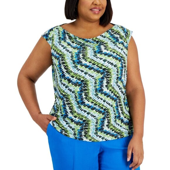 Kasper Plus Size 2X Printed Cowlneck Raglan Cap-Sleeve Top Green MSRP $59 - Picture 1 of 1
